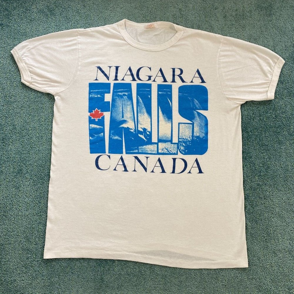 VINTAGE Canada Niagara Falls Ringer Shirt Adult Extra Large Waterfall Nature 80s